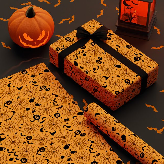 Papel De Presente Cor Personalizada de Halloween das Aranhas (Spiderwebs Halloween Custom Color Wrapping Paper)