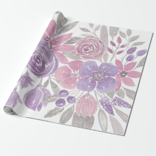 Papel De Presente Cor Verde Floral Verde Púrpura Rosa