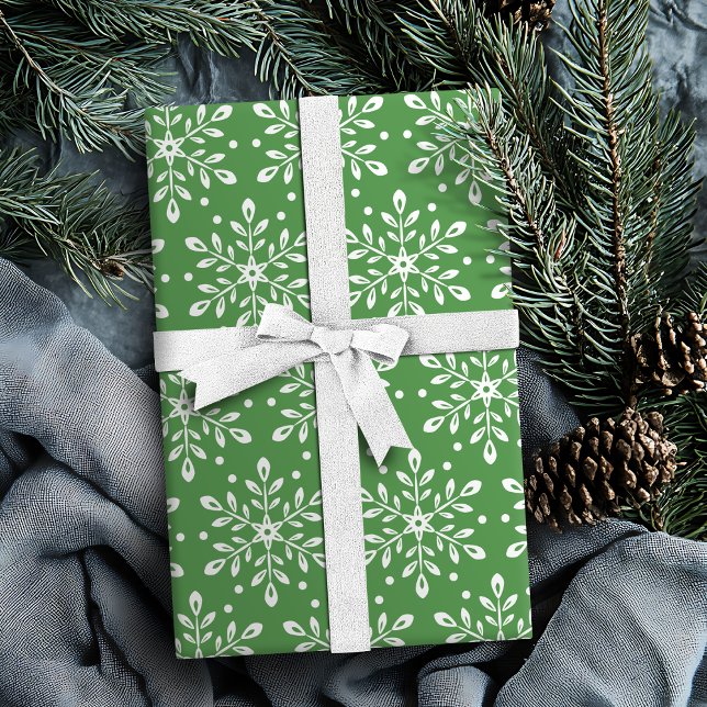 Papel De Presente Cor Verde Folhas Editáveis Flocos de Neve Natal (Color Editable Green Leaves Snowflakes Christmas Wrapping Paper)
