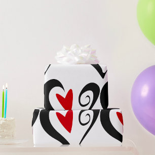 Papel De Presente Coração Abstrato Vermelho e Preto Moderno Romântic