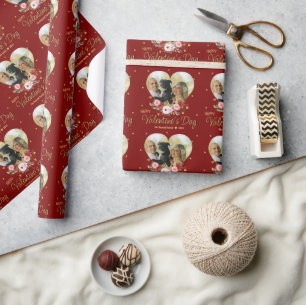 Papel De Presente Coração de Foto Dourado Dia de os namorados Brilha