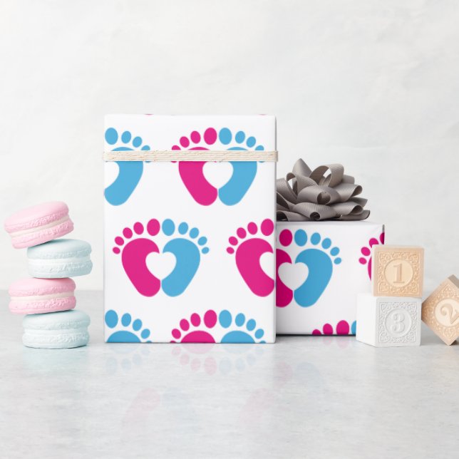 Papel De Presente Coração De Pegada De Bebê Cor-De-Rosa E Azul (Chá de bebê)