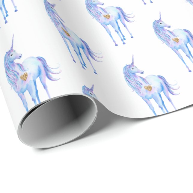 Papel De Presente Coração Dourada de Brilho Roxo do Unicórnio (Ponta do rolo)