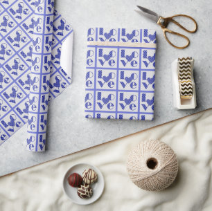 Papel De Presente Coração e Lavanda de Amor Elegante Checkered Blue
