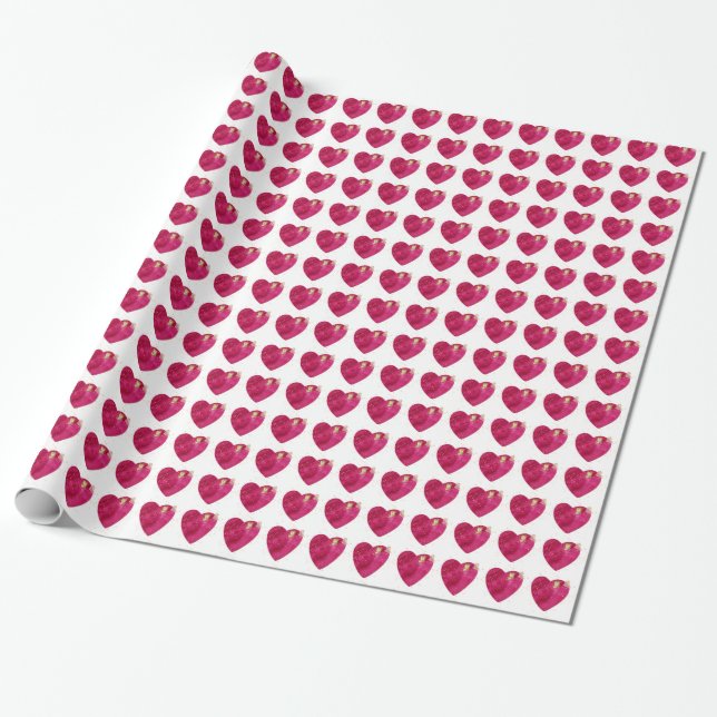 Papel de Presente Coração em Aquarela Rosa e Borbo (Desenrolado)