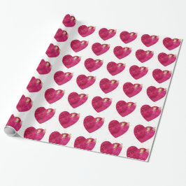 Papel de Presente Coração em Aquarela Rosa e Borbo