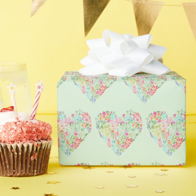 Papel De Presente Coração Floral Aquarela Em Verde (Festa de aniversário)