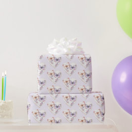 Papel De Presente Coração Floral de Lavanda Borboletas Rosa Aniversá