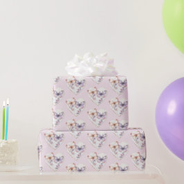 Papel De Presente Coração Floral Lavanda Rosa Borboletas Aniversário