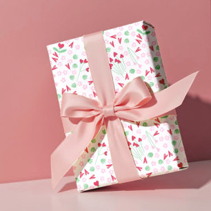 Papel De Presente Coração Florido Prado em Branco – Rosa e Vermelho