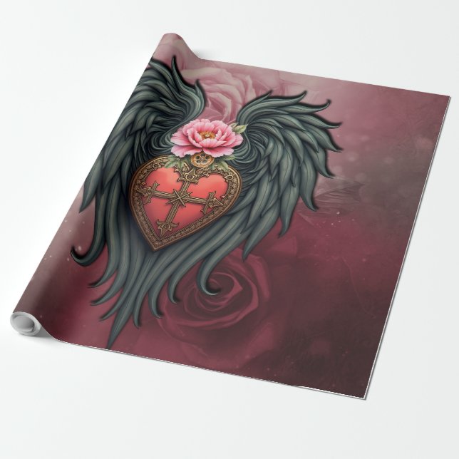Papel De Presente Coração Gótico com Bloom e Asas. (Desenrolado)