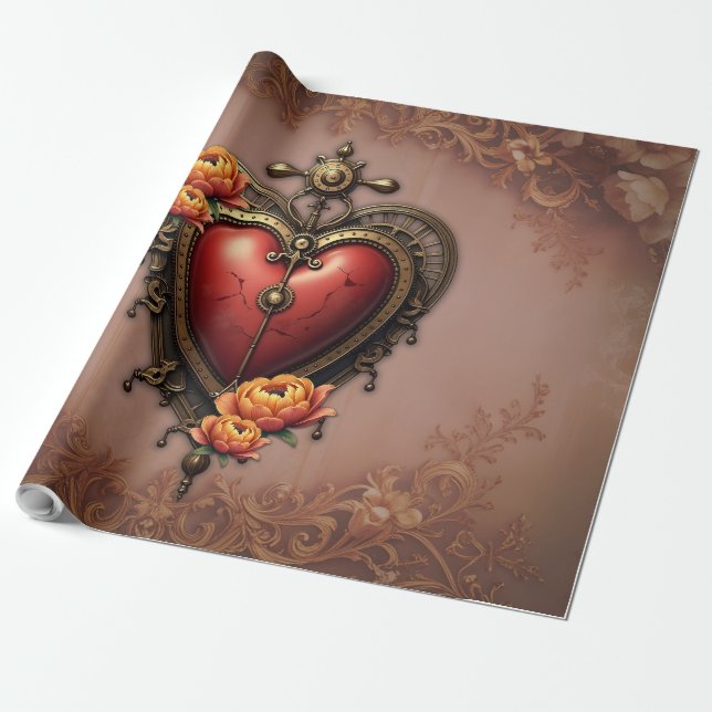 Papel De Presente Coração Steampunk com Flores (Desenrolado)