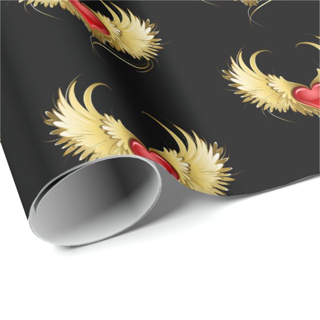 Papel De Presente Coração Vermelho com Asas Ouros (Ponta do rolo)