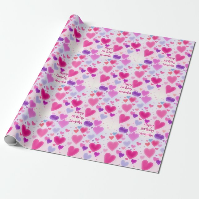 Papel De Presente Coraçãozinho Rosa Feliz Aniversário  (Desenrolado)