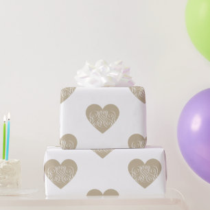 Papel De Presente Corações Bege com Presente Romântico Elegante Fili