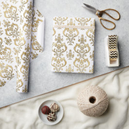 Papel De Presente Corações Brancos e Dourados Elegantes Damask do Di