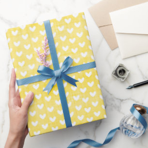 Papel De Presente Corações Brancos em Linho Amarelo Brilhante