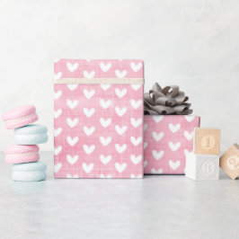 Papel De Presente Corações Brancos em Linho Rosa