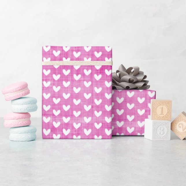 Papel De Presente Corações Brancos em Linho Rosa Magenta (Chá de bebê)