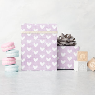Papel De Presente Corações Brancos em Linho Roxo Claro