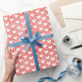 Papel De Presente Corações Brancos em Linho Vermelho Brilhante