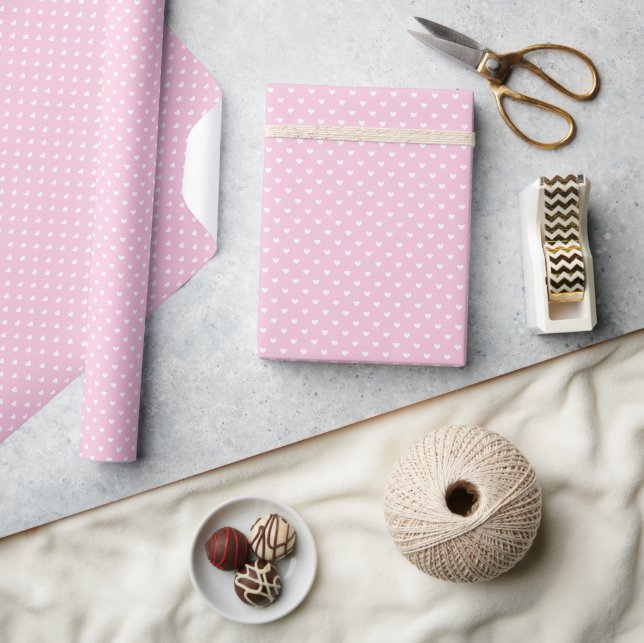 Papel De Presente Corações Brancos Micros - Rosa Claro  (Artesanato)