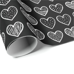 Papel De Presente Corações brancos modernos em preto Feliz Dia dos N