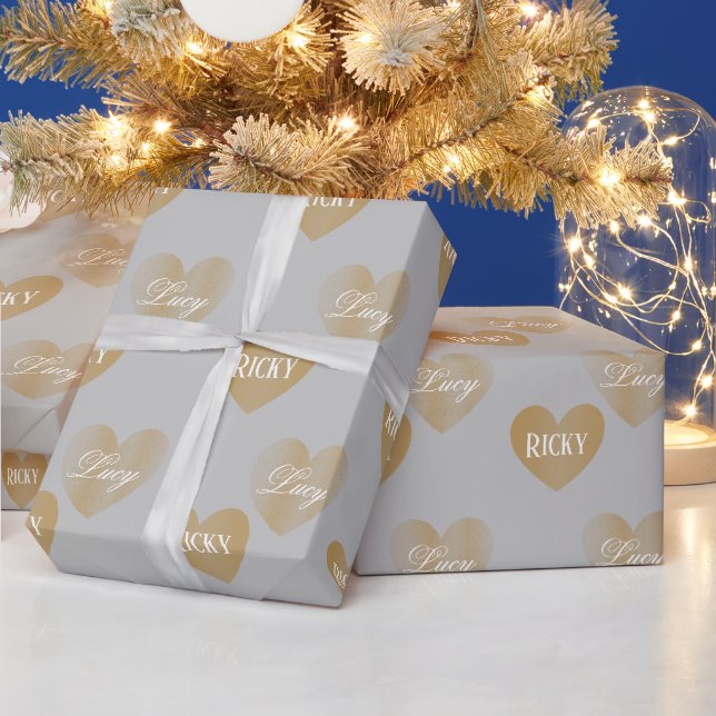 Papel De Presente Corações com Dois Ouros Personalizados, Prata Páli (Feriados)