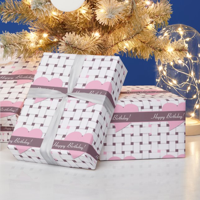 Papel De Presente Corações Cor-de-Rosa Personalizados Tecido Branco  (Feriados)
