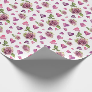 Papel De Presente Corações das Flores de Aquarela Rosa