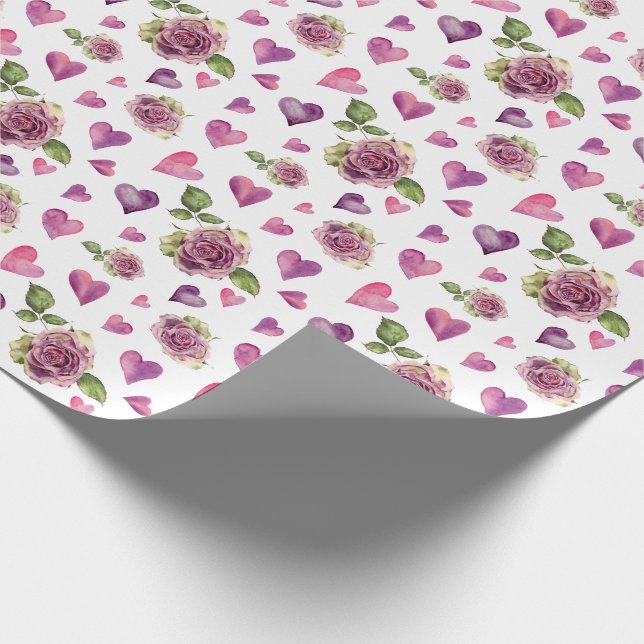 Papel De Presente Corações das Flores de Aquarela Rosa (Ponta)