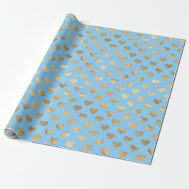 Papel De Presente Corações de Amor Azul Pastel e Dourado