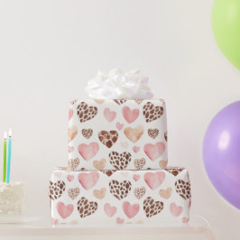Papel De Presente Corações de Animais do Leopardo Castanho-Rosa-Rosa