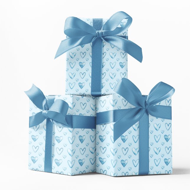 Papel De Presente Corações de Aquarela Azul Bebê (Baby Blue Watercolor Hearts Wrapping Paper)