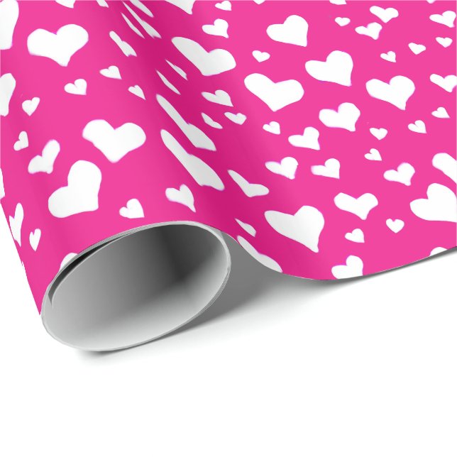 Papel De Presente Corações de Giz Branco no Rosa de Fuchsia (Ponta do rolo)