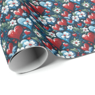Papel De Presente Corações de Natal Florais em Azul Vermelho e Verde