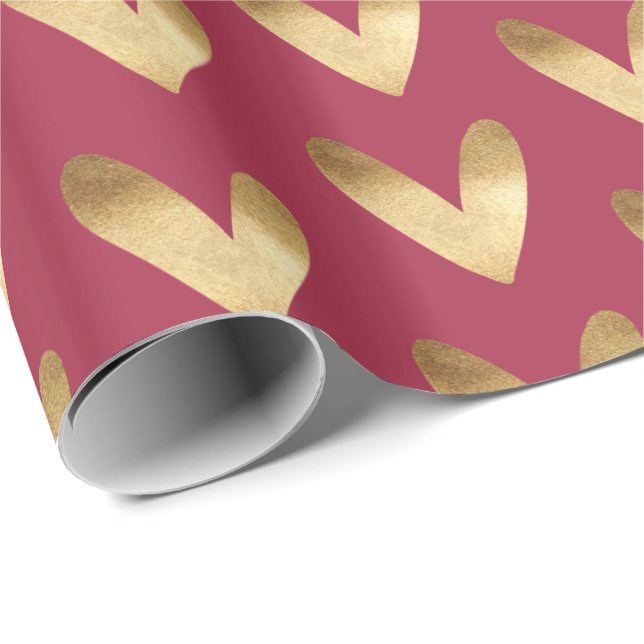 Papel De Presente Corações de Ombre Dourado Vermelho (Ponta do rolo)