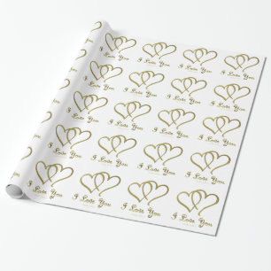 Papel De Presente Corações de Ouro Entrelaçados Eu Te Amo