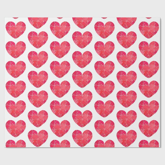 Papel De Presente Corações de puzzle vermelhos, padrão contínuo em a (Aberto)