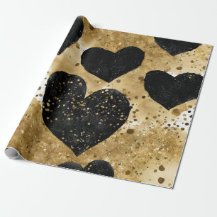 Papel De Presente Corações de São Valentim com tinta preta e dourada
