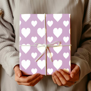 Papel De Presente Corações de Valente Branco Partido Chic Lilás Eleg