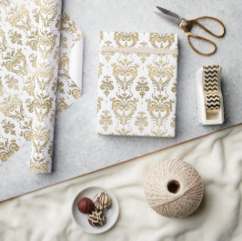 Papel De Presente Corações de Valesntim em Damasco Branco e Dourado 