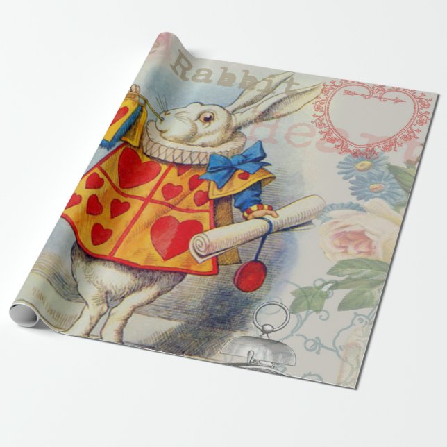 Papel De Presente Corações do Coelho Branco Alice Clássico (Desenrolado)