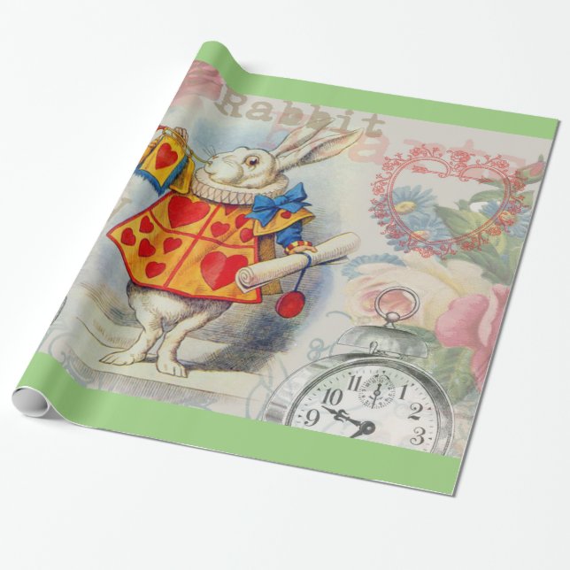 Papel De Presente Corações do Coelho Branco Alice Clássico (Desenrolado)