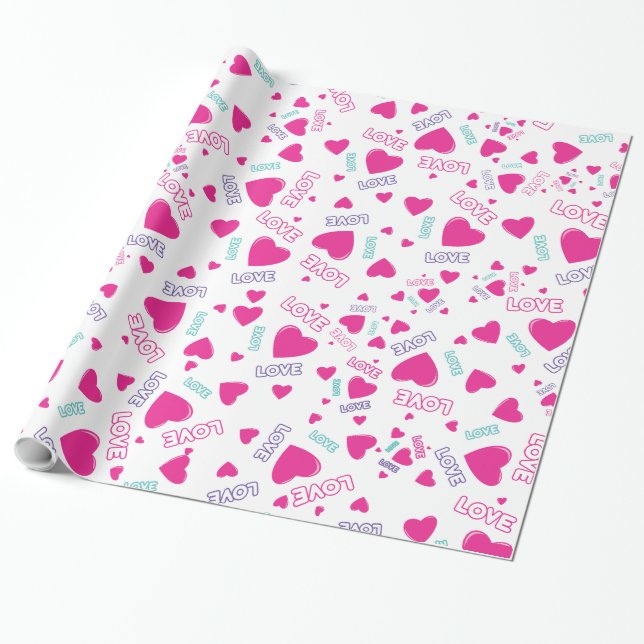 Papel De Presente Corações e Amor Rosa Bonitos - padrão romântico (Desenrolado)