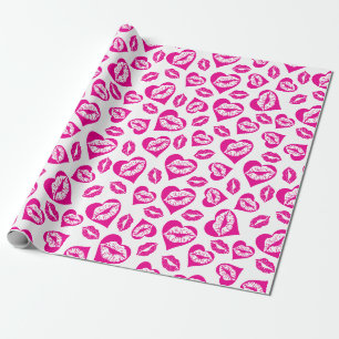 Papel De Presente Corações e beijos, rosa e branco