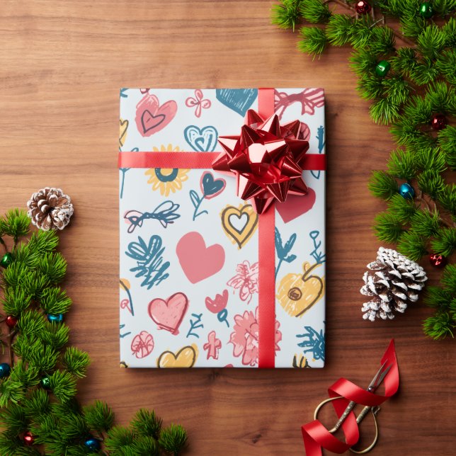 Papel De Presente Corações e Flores de Crayon (Presente de Natal)
