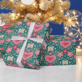 Papel De Presente Corações e Flores de Feriado – Vermelho Suave, Ver