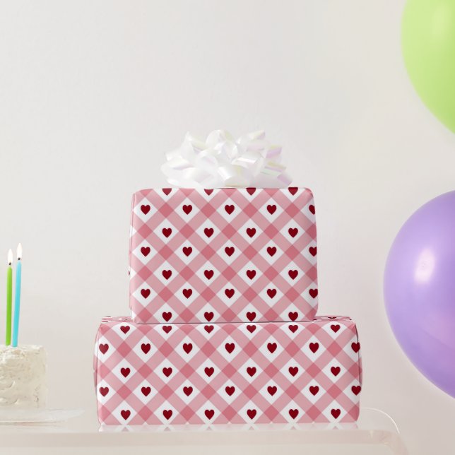 Papel De Presente Corações e Padrão de Gingham (Presentes para festas)