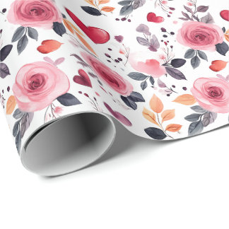 Papel De Presente Corações e Rosas rosa